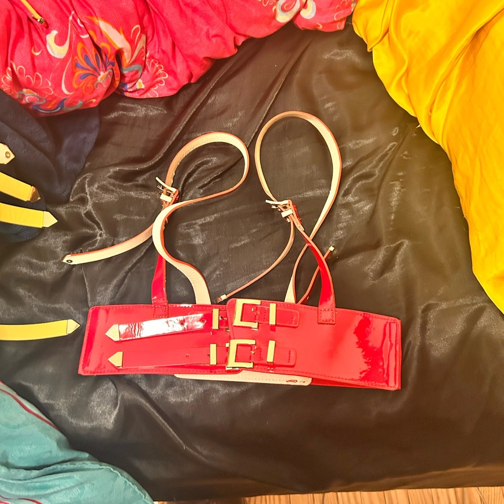 My Violet Red Patent Leather Belt with Gold Buckles